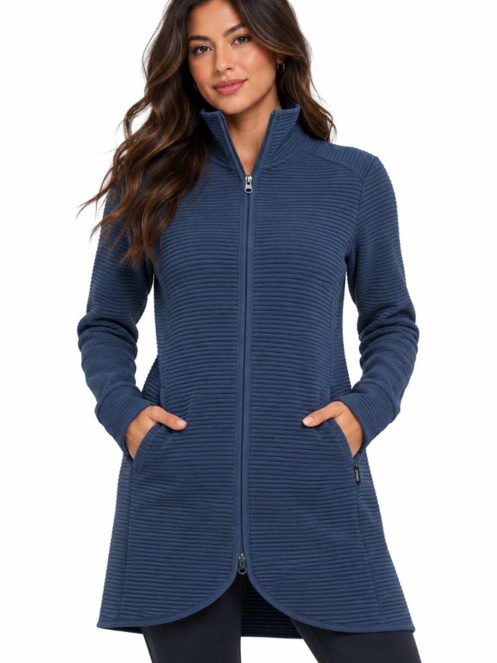 MPG Mondetta Womens S Navy Ottoman Ribbed Long Jacket 2 Way Zip Athleisure